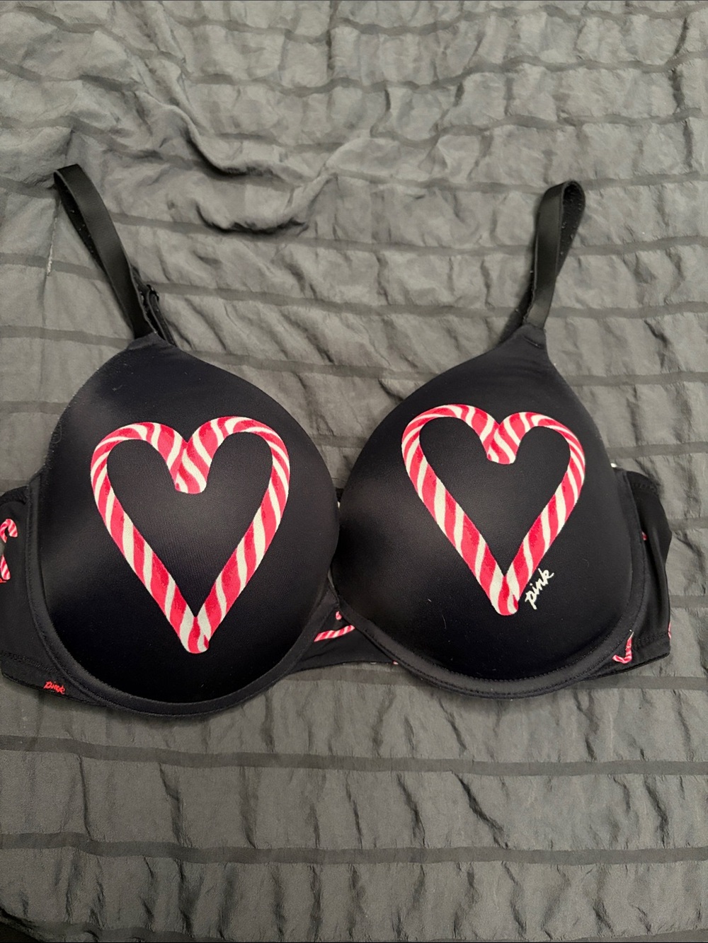 PINK Victoria's Secret Black Bra with Pink & White Candy-Stripe Hearts
